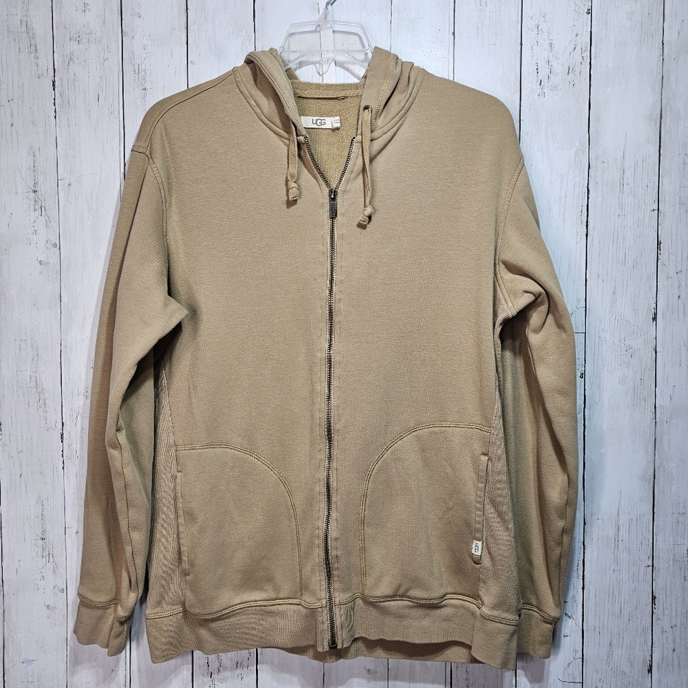 UGG Australia Fleece Lined Women's Tan Full Zip Hoodie Jacket Pockets Size Large